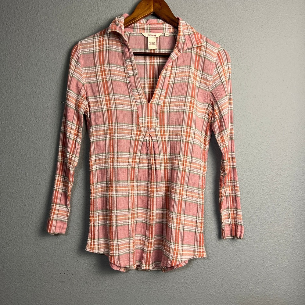 Sundance XS Pink Plaid Gauzy Cotton Long Sleeve Tunic Top Boho Western Fitted